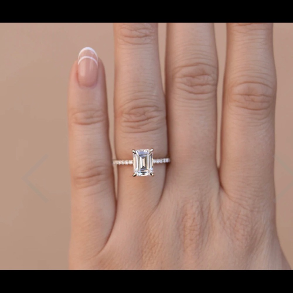 Engagement ring, moissanite, radiant cut, 14k white color. Size 8 page is below.